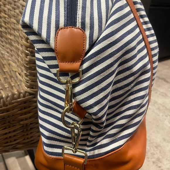 Baosha Nautical Blue and Tan Shoulder Bag with Leather Straps duffel weekender - Picture 4 of 9